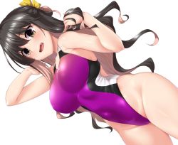 Rule 34 | 1girl, black hair, breasts, competition swimsuit, cowboy shot, fang, hair ribbon, hand in own hair, highres, kantai collection, large breasts, long hair, looking at viewer, multicolored hair, naganami (kancolle), one-piece swimsuit, open mouth, pink hair, purple one-piece swimsuit, ribbon, solo, swimsuit, two-tone hair, wavy hair, yellow eyes, yellow ribbon, yoshi tama