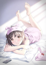 Rule 34 | 1girl, ahoge, bare arms, barefoot, blurry, blush, brown eyes, brown hair, cellphone, crossed arms, depth of field, feet, indoors, light blush, light particles, light rays, looking at viewer, lying, mask, mask on head, medium hair, nightgown, on bed, on stomach, original, phone, pillow, sleep mask, smartphone, smile, solo, stuffed animal, stuffed rabbit, stuffed toy, sunbeam, sunlight, the pose, unya (unya-unya)