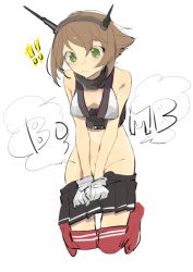 Rule 34 | !, !!, 10s, 1girl, bare shoulders, brown hair, clothes pull, gloves, green eyes, headgear, hita (hitapita), kantai collection, miniskirt, mutsu (kancolle), pleated skirt, short hair, skirt, skirt pull, solo, thighhighs, thighhighs pull, v arms, white background