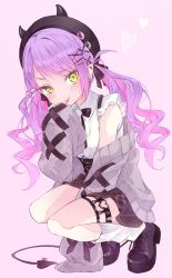 Rule 34 | 1girl, boots, commentary, curly hair, demon tail, fake horns, garter straps, green eyes, hair ornament, hat, highres, hololive, horned headwear, horns, houshou marine (artist), o-ring, o-ring thigh strap, pink background, purple hair, simple background, skirt, sweater, tail, thigh strap, tokoyami towa, twintails, virtual youtuber