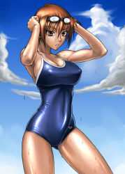Rule 34 | 1girl, bang-you, breasts, brown eyes, brown hair, covered erect nipples, goggles, kashiwagi azusa, kizuato, large breasts, muscular, one-piece swimsuit, school swimsuit, shiny skin, short hair, solo, standing, swimsuit, tan, wet