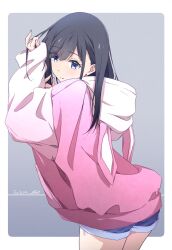 Rule 34 | 1girl, black hair, blue eyes, blue shorts, closed mouth, commentary request, dated, fingernails, grey background, highres, hood, hooded jacket, jacket, long sleeves, looking at viewer, monai-chan (nii manabu), nii manabu, original, pink jacket, shorts, signature, smile, solo, thighs, two-tone background, white background, white sleeves