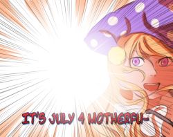 Rule 34 | 1girl, blonde hair, clownpiece, fourth of july, hat, jester cap, looking at viewer, mefomefo, open mouth, pink eyes, polka dot, purple eyes, smile, solo, teeth, touhou, upper teeth only