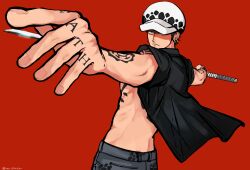Rule 34 | 1boy, alternate costume, ani3nrtm, arm tattoo, black hair, black shirt, closed mouth, collared shirt, denim, dots, earrings, finger tattoo, hands up, hat, hat over one eye, highres, holding, holding sword, holding weapon, jeans, jewelry, male focus, one piece, open clothes, open shirt, outstretched arm, pants, red background, shade, shirt, short hair, short sleeves, solo, sword, tattoo, trafalgar law, upper body, weapon, yellow eyes