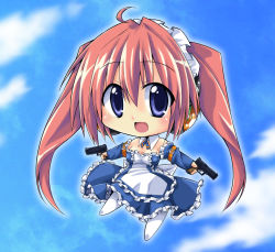 Rule 34 | 1girl, chibi, colorized, dual wielding, gun, holding, open mouth, san-pon, solo, twintails, weapon