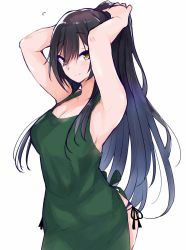 Rule 34 | 1girl, apron, armpits, arms behind head, arms up, bare shoulders, black hair, blush, breasts, cleavage, closed mouth, collarbone, green apron, hair between eyes, hanetsuka, high ponytail, highres, idolmaster, idolmaster shiny colors, large breasts, long hair, looking at viewer, ponytail, shirase sakuya, simple background, smile, solo, white background, yellow eyes