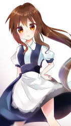 Rule 34 | 1girl, alternate costume, apron, blue skirt, blush, brown eyes, brown hair, closed mouth, commentary request, hair between eyes, hand on own hip, highres, kyonko, long hair, long skirt, looking at viewer, medicine (akiaki0720), ponytail, shirt, short sleeves, simple background, skirt, solo, suzumiya haruhi no yuuutsu, white background