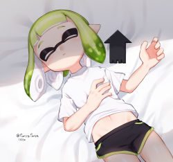 Rule 34 | 1girl, bad id, bad pixiv id, bed sheet, black shorts, blunt bangs, busujima funya, cellphone, closed eyes, commentary, dolphin shorts, from above, green hair, gym shorts, highres, inkling, inkling girl, inkling player character, lying, medium hair, midriff, navel, nintendo, on back, on bed, phone, pointy ears, shirt, short shorts, short sleeves, shorts, sleeping, smartphone, solo, splatoon (series), splatoon 2, t-shirt, tentacle hair, twitter username, white shirt