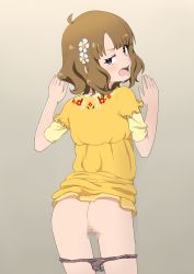 Rule 34 | 1girl, absurdres, ahoge, animal print, ass, blue eyes, brown hair, censored, clothes lift, commentary request, dress, dress lift, durandal (kei), flower, gradient background, hair flower, hair ornament, highres, idolmaster, idolmaster million live!, looking back, mosaic censoring, panties, panty pull, short hair, solo, suou momoko, underwear, zebra print