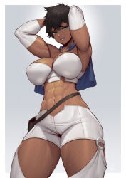 Rule 34 | abs, absurdres, black clover, blue cape, breasts, brown hair, cape, dark skin, detached sleeves, green eyes, highres, large breasts, muscular, muscular female, navel, short cape, short hair, shorts, sol marron, speedl00ver, thick thighs, thighs, very dark skin, white shorts