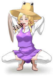 Rule 34 | 1girl, arms behind head, arms up, blonde hair, breasts, censored, commentary request, eyelashes, hair ribbon, hat, highres, imminent fellatio, lips, long tongue, looking at penis, medium breasts, medium hair, moriya suwako, narrowed eyes, nose, open mouth, parted bangs, penis, pink footwear, purple skirt, purple vest, pyonta, red ribbon, ribbon, shiraue yuu, shirt, shoes, sidelocks, skirt, squatting, teeth, thighhighs, tongue, tongue out, touhou, turtleneck, upper teeth only, veins, veiny penis, vest, white background, white shirt, white thighhighs, yellow eyes
