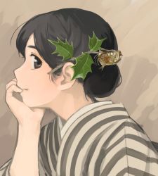 Rule 34 | 1girl, akai sashimi, black eyes, black hair, branch, hair ornament, hand on own chin, looking at viewer, looking to the side, original, profile, short hair, simple background, solo, striped