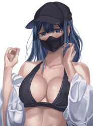 Rule 34 | 1girl, absurdres, bare shoulders, baseball cap, bikini, black bikini, black hat, blue archive, blue eyes, blue hair, breasts, cleavage, commentary, hat, highres, large breasts, long hair, long sleeves, looking at viewer, lula (888lula), mask, mouth mask, off shoulder, saori (blue archive), simple background, solo, stomach, swimsuit, upper body, white background
