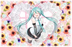 Rule 34 | 1girl, agonasubi, aqua hair, aqua nails, aqua necktie, aqua rose, bare shoulders, black skirt, black sleeves, black thighhighs, blue flower, blush, closed eyes, commentary, cowboy shot, cropped legs, detached sleeves, floral background, flower, hair ornament, hatsune miku, hatsune miku (vocaloid4), headphones, headset, heart, highres, leaf, lily (flower), long hair, miniskirt, musical note, nail polish, necktie, open mouth, paper, pink flower, pink rose, pleated skirt, rose, see-through, see-through sleeves, shirt, shoulder tattoo, skirt, sleeveless, sleeveless shirt, smile, solo, staff (music), sunflower, tattoo, thighhighs, twintails, v, v4x, very long hair, vocaloid, white flower, white lily, white shirt, yellow flower, yellow rose