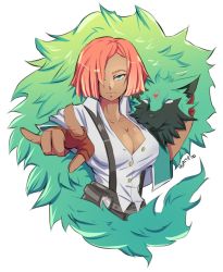 Rule 34 | 1girl, \m/, blue eyes, breasts, cleavage, collared shirt, commentary, english commentary, facial mark, forehead mark, giovanna (guilty gear), green fur, guilty gear, guilty gear strive, hair over one eye, headpat, high-waist pants, highres, large breasts, light smile, looking at viewer, onac911, pants, partially unbuttoned, pointing, pointing at viewer, police badge, red hair, rei (guilty gear), shirt, sleeves pushed up, solo focus, suspenders, upper body, wolf