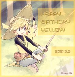 Rule 34 | 1girl, artist name, belt, blonde hair, brown eyes, character name, chuchu (pokemon), commentary request, creatures (company), dated, day, eyelashes, fishing rod, game freak, gen 1 pokemon, grass, happy birthday, hat, highres, holding, holding fishing rod, kinui 88, nintendo, open mouth, outdoors, pants, pikachu, pokemon, pokemon (creature), pokemon adventures, pokemon on arm, short hair, sitting, smile, straw hat, teeth, tongue, tree, yellow (pokemon)