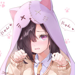 Rule 34 | 1girl, absurdres, animal ear headwear, animal hood, black hair, blush, cardigan, cat hood, collared shirt, fake animal ears, furrowed brow, hair over one eye, heaven burns red, highres, hood, long sleeves, looking at viewer, medium hair, one eye covered, open mouth, paw pose, paw print, paw print background, purple eyes, school uniform, shirt, signature, solo, speech bubble, tenne miko, translation request, tsumugi-t, upper body, white background, white shirt, yellow cardigan