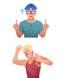 Rule 34 | 2boys, ?, absurdres, aqua shirt, blonde hair, blue hair, blush, earrings, gaydio zrong, gin (gaydio zrong), glasses, highres, jewelry, jiu (gaydio zrong), looking at another, male focus, multiple boys, original, red tank top, shirt, short hair, simple background, sweat, tank top, upper body, white background, yaoi
