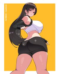 1girl artist_name ass back bare_shoulders bike_shorts black_hair black_shorts blush border breasts butt_crack commentary crop_top elbow_gloves english_commentary final_fantasy final_fantasy_vii final_fantasy_vii_remake fingerless_gloves from_behind gloves highres kaos_art large_breasts long_hair looking_at_viewer median_furrow orange_background parted_lips red_eyes short_shorts shorts solo tank_top teardrop_earrings thighs tifa_lockhart toned toned_female twisted_torso very_long_hair white_border white_tank_top