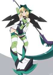 Rule 34 | 1girl, akatsuki kirika, anime coloring, blonde hair, breasts, covered navel, elbow gloves, gloves, green eyes, green leotard, headgear, highres, leotard, looking at viewer, medium breasts, parted lips, scythe, senki zesshou symphogear, shiny skin, skin tight, skirt, smile, solo, standing, striped clothes, striped thighhighs, teeth, thighhighs, tohs50, white background