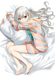 Rule 34 | 1girl, barefoot, bed sheet, blue eyes, blue pajamas, blue shorts, braid, braided bangs, breasts, commentary, english commentary, expressionless, fetal position, from above, full body, green shirt, grey hair, hair spread out, highres, hisakawa hayate, hood, hood down, hugging object, idolmaster, idolmaster cinderella girls, knees up, legs, long hair, long sleeves, looking at viewer, loungewear, lying, multicolored clothes, multicolored pajamas, multicolored shorts, on side, open pajamas, pajamas, pillow, pillow hug, pink pajamas, pink shorts, raised eyebrows, shirt, shorts, sleeves past wrists, small breasts, soles, solo, striped clothes, striped pajamas, striped shorts, toes, wavy hair, yano sou, yellow pajamas, yellow shorts