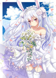 Rule 34 | 1girl, alternate costume, animal ears, aruka (alka p1), azur lane, bare shoulders, bouquet, bridal veil, cloud, commentary request, day, detached sleeves, dress, fake animal ears, flower, garter straps, hair flower, hair ornament, highres, holding, holding bouquet, jewelry, laffey (azur lane), light purple hair, lily (flower), long hair, looking at viewer, necklace, outside border, red eyes, rose, sky, solo, thighhighs, tiara, veil, wedding dress, white dress, white flower, white rose, white thighhighs