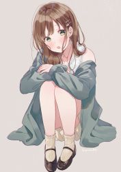 Rule 34 | 1girl, beige background, blush, brown footwear, brown hair, camisole, cardigan, commentary, earrings, green cardigan, green eyes, grey background, hair ornament, hairclip, hanako151, highres, jewelry, knees up, legs together, long hair, long sleeves, open mouth, original, pleated skirt, shoes, signature, simple background, sitting, skirt, socks, solo, symbol-only commentary, white camisole, yellow skirt, yellow socks