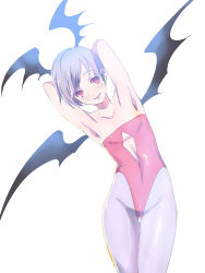 Rule 34 | 1girl, armpits, arms behind head, arms up, bad id, bad pixiv id, capcom, collarbone, demon girl, demon wings, female focus, flat chest, head wings, highres, katou teppei, leotard, light smile, lilith aensland, pantyhose, purple hair, red eyes, short hair, simple background, solo, thigh gap, thighs, vampire (game), wings