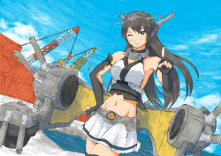 Rule 34 | 10s, 1girl, bare shoulders, black hair, blush, breasts, cloud, container, crane (machine), elbow gloves, fingerless gloves, gloves, hair between eyes, hair ornament, hand on own hip, headgear, index finger raised, kantai collection, large breasts, long hair, midriff, nagato (kancolle), navel, ocean, skirt, sky, solo, vent arbre, wink
