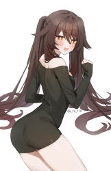 Rule 34 | 1girl, artist name, ass, bare shoulders, black shirt, blush, breasts, brown hair, flower-shaped pupils, from behind, genshin impact, gya (144), hair between eyes, highres, hu tao (genshin impact), long hair, looking at viewer, looking back, open mouth, red eyes, shirt, smile, solo, symbol-shaped pupils, thighs, twintails, white background