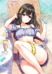 Rule 34 | 1girl, animal, bare shoulders, bikini, black hair, blue bikini, blush, breasts, bridal garter, brown eyes, chihuahua, closed mouth, collarbone, commentary request, cup, day, dog, drinking glass, drinking straw, flower, frilled bikini, frills, hair between eyes, hair flower, hair ornament, hands up, highres, holding, knee up, long hair, looking at viewer, lying, medium breasts, on back, original, outdoors, parfait, plaid, plaid bikini, puffy short sleeves, puffy sleeves, sanbasou, shadow, short sleeves, signature, smile, solo, sparkle, sunflower, sunflower hair ornament, sunlight, swimsuit, table, thighs, water, yellow flower