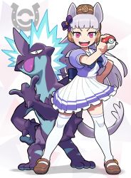 Rule 34 | 1girl, animal ears, blouse, blue neckwear, blunt bangs, bow, bowtie, bridle, brown headwear, creatures (company), crossover, game freak, gashi-gashi, gen 8 pokemon, gold ship (umamusume), hand on own hip, hat, highres, holding, holding poke ball, horse ears, horse girl, horse tail, long hair, nintendo, one eye closed, open mouth, pink eyes, pleated skirt, poke ball, pokemon, pokemon (creature), purple shirt, school uniform, shirt, short sleeves, silver hair, simple background, skirt, standing, tail, thighhighs, tongue, tongue out, toxtricity, toxtricity (low key), tracen school uniform, umamusume, white thighhighs