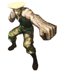 Rule 34 | 1boy, belt, blonde hair, blue eyes, boots, camouflage, capcom, dog tags, flattop, guile, highres, male focus, military, muscular, nona, official art, punching, solo, street fighter, svc chaos, tattoo