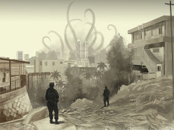 Rule 34 | 2boys, bad id, bad pixiv id, building, cthulhu mythos, eldritch abomination, from behind, house, male focus, monochrome, monster, multiple boys, nature, original, outdoors, plant, shiira, sky, soldier, standing, tentacles, tree