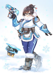 Rule 34 | 1girl, ^ ^, beads, belt, belt pouch, black-framed eyewear, blue gloves, blue legwear, boots, bow, brown hair, canister, canteen, closed eyes, coat, drone, eyebrows, closed eyes, floating, full body, fur-trimmed boots, fur-trimmed jacket, fur boots, fur coat, fur trim, glasses, gloves, gun, hair bun, hair ornament, hair stick, hand up, holding, holding weapon, jacket, knee boots, machinery, mei (overwatch), open mouth, overwatch, overwatch 1, parka, pouch, robot, shoes, short hair, sidelocks, single hair bun, smile, snow, snowball (overwatch), snowflake hair ornament, snowflakes, snowing, solo, spiked shoes, spikes, utility belt, weapon, white bow, winter clothes, winter coat, zonana