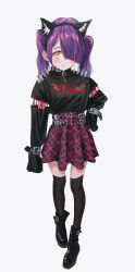Rule 34 | 1girl, absurdres, animal ears, ankle boots, belt, belt collar, black footwear, black hairband, black thighhighs, boots, cat ears, collar, detached sleeves, diagonal bangs, full body, gishiki (gshk), goth fashion, hair over one eye, hairband, hand on own hip, high-waist skirt, highres, long sleeves, looking at viewer, medium hair, multiple belts, one eye covered, original, punk, purple hair, red skirt, shoulder spikes, simple background, skirt, smile, solo, spikes, thighhighs, twintails, white background