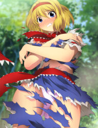 Rule 34 | 1girl, alice margatroid, blonde hair, blue dress, blue eyes, blurry, blurry background, blush, commentary request, covering privates, covering breasts, cowboy shot, crotch seam, day, depth of field, dress, embarrassed, forest, frown, grimace, hairband, looking at viewer, nature, neck ribbon, open mouth, outdoors, panties, partial commentary, red hairband, red ribbon, red sash, ribbon, sash, short hair, solo, standing, torn clothes, torn dress, touhou, underwear, white panties, yadokari genpachirou