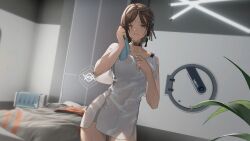 Rule 34 | 1girl, bed, breasts, brown hair, choker, collarbone, dress, game cg, highres, indoors, large breasts, light, looking at viewer, medium breasts, nita (snowbreak), official art, parted bangs, plant, short hair, snowbreak: containment zone, solo, third-party source, towel, wet, wet clothes, wet dress, white dress