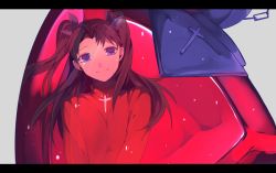 Rule 34 | 1girl, bad id, bad pixiv id, blue eyes, brown hair, fate/stay night, fate (series), gem, hair ribbon, jewelry, letterboxed, long hair, necklace, reflection, ribbon, solo, tohsaka rin, two side up, u 928