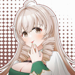 Rule 34 | 1girl, :p, ahoge, andrea doria (azur lane), azur lane, blush, breasts, brown eyes, brown hair, chinese commentary, cleavage, crossed bangs, dotted background, drill hair, finger to mouth, ggwy, green nails, hair between eyes, hand up, highres, large breasts, light brown hair, long hair, long sleeves, looking at viewer, smile, solo, tongue, tongue out, twin drills, upper body
