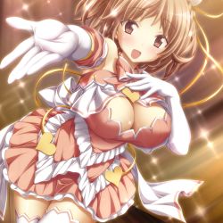 Rule 34 | 1girl, blush, breasts, brown eyes, brown hair, cleavage, dress, elbow gloves, gloves, highres, koku, large breasts, looking at viewer, mafuka nemuru, official art, open mouth, outstretched arm, realive, solo, sparkle, thighhighs