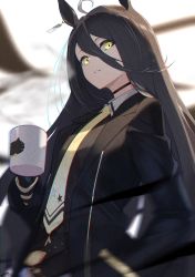 Rule 34 | 1girl, absurdres, ahoge, animal ears, black hair, blurry, blurry background, business suit, coat, coffee mug, commentary request, cup, formal, hair between eyes, highres, horse ears, horse girl, jitter k, long hair, long sleeves, looking at viewer, manhattan cafe (umamusume), mug, necktie, parted lips, signature, solo, suit, trench coat, umamusume, upper body, very long hair, yellow eyes, yellow necktie