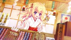 Rule 34 | 1girl, architecture, arrow (projectile), bell, bird, window blinds, blonde hair, charm (object), dog, dot nose, dutch angle, east asian architecture, ema, film grain, game cg, hakama, hamaya, hasegawa mii, indoors, izumi tsubasu, japanese clothes, kimono, lens flare, long hair, miko, non-web source, official art, omamori, open mouth, poster (object), purple eyes, re:stage!, red ribbon, red skirt, ribbon, shop, skirt, solo, sparkle, sparkling eyes, teeth, upper teeth only, white kimono, window