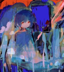 Rule 34 | 1girl, abstract, bad id, bad twitter id, blue hair, blue shirt, highres, looking at viewer, original, red eyes, shirt, short hair, signature, solo, tabmur, upper body