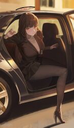 Rule 34 | 1girl, black coat, black footwear, black hair, black pantyhose, black skirt, blue archive, breasts, car, coat, halo, high heels, highres, lapels, large breasts, limousine, long hair, looking at viewer, m.q (mqkyrie), miniskirt, motor vehicle, notched lapels, pantyhose, pleated skirt, red eyes, rio (blue archive), shoes, signature, skirt, solo, sweater, white sweater
