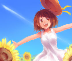 Rule 34 | a-ka, brown eyes, brown hair, dress, face, flower, happy, hat, open mouth, outstretched arms, short hair, smile, solo, spread arms, sundress, sunflower, suzumiya haruhi, suzumiya haruhi no yuuutsu