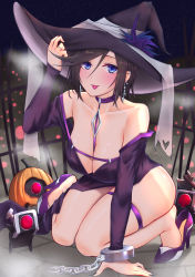 Rule 34 | 1girl, bare shoulders, black hair, blue eyes, breasts, chain, chinese commentary, cleavage, collarbone, commentary, commentary request, costume, dinergate (girls&#039; frontline), earrings, english commentary, girls&#039; frontline, halloween, hat, high heels, highres, intruder (girls&#039; frontline), intruder (sorceress of the end) (girls&#039; frontline), jewelry, kneeling, large breasts, large hat, long hair, long sleeves, looking at viewer, mixed-language commentary, off shoulder, popoman, purple footwear, robot, sangvis ferri, short hair, smile, solo, thigh strap, thighs, witch hat
