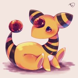 Rule 34 | ampharos, blush, brown eyes, chibi, closed mouth, commentary request, full body, gen 2 pokemon, looking away, looking to the side, muuran, no humans, orb, pokemon, pokemon (creature), profile, shadow, signature, sitting, solo, striped, striped tail, tail