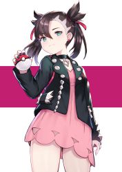 Rule 34 | 1girl, aqua eyes, arm at side, asymmetrical bangs, black choker, black hair, black jacket, blush, choker, closed mouth, cowboy shot, creatures (company), dress, earrings, game freak, hair between eyes, hair ribbon, highres, holding, holding poke ball, jacket, jewelry, long sleeves, looking at viewer, marnie (pokemon), nail polish, nintendo, open clothes, open jacket, pink dress, pink ribbon, poke ball, poke ball (basic), pokemon, pokemon swsh, purple nails, ribbon, rui rubellent, solo, thighs, twintails, two-tone background