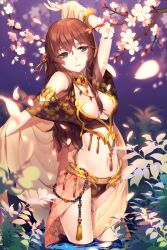 Rule 34 | 1girl, armband, arms up, bracelet, breasts, brown hair, center opening, cherry blossoms, choker, cleavage, cleavage cutout, clothing cutout, cowboy shot, dancer, expressionless, floral print, flower, gem, green eyes, hair between eyes, head tilt, jewelry, leaf, long hair, looking at viewer, lots of jewelry, medium breasts, midriff, navel, necklace, ninee, nishita, original, parted lips, petals, plant, solo, standing, tassel, wading, water